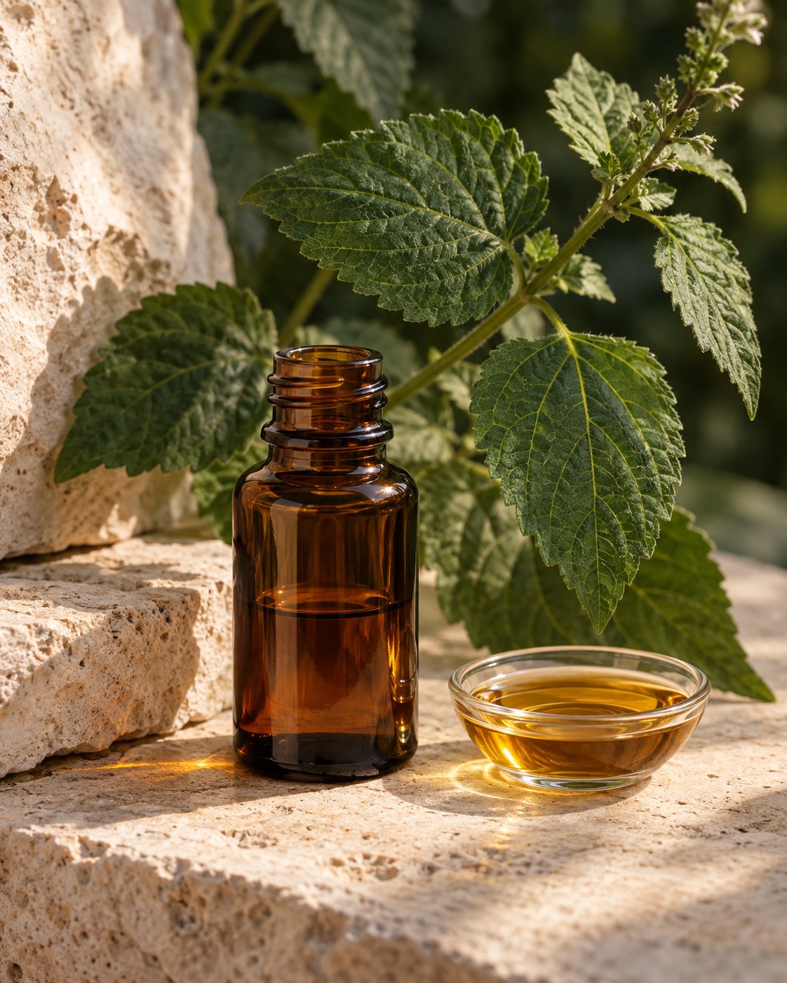 Amber oil bottle, golden oil, and fresh patchouli leaves on natural stone