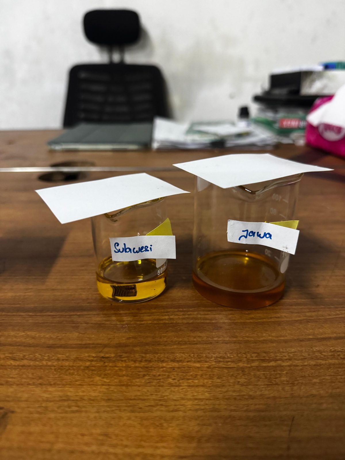 Original oil samples labelled Sulawesi and Jawa